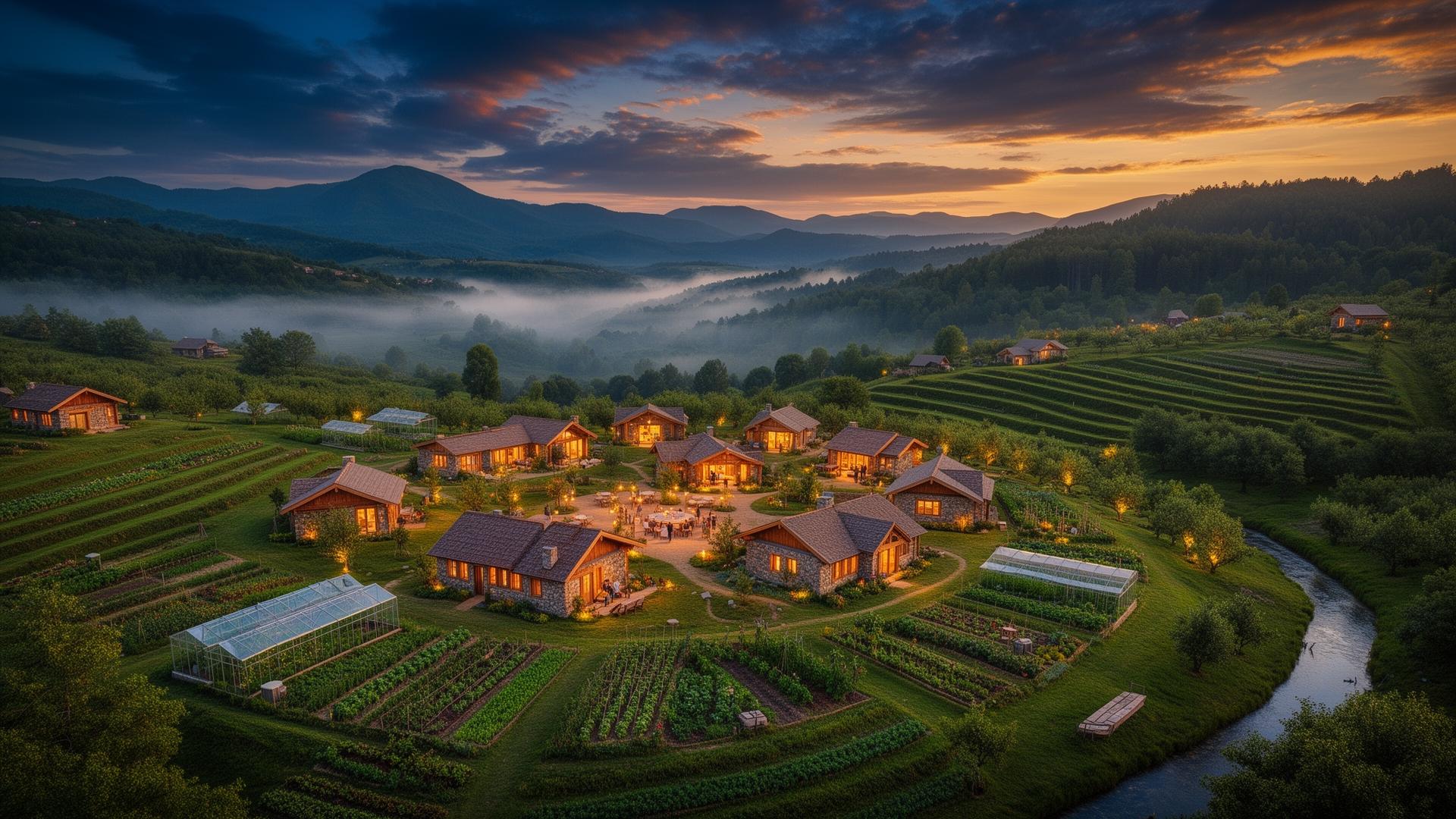 Aerial view of a thriving village showing integrated housing, regenerative farms, greenhouses, and community gathering spaces nestled in a green landscape