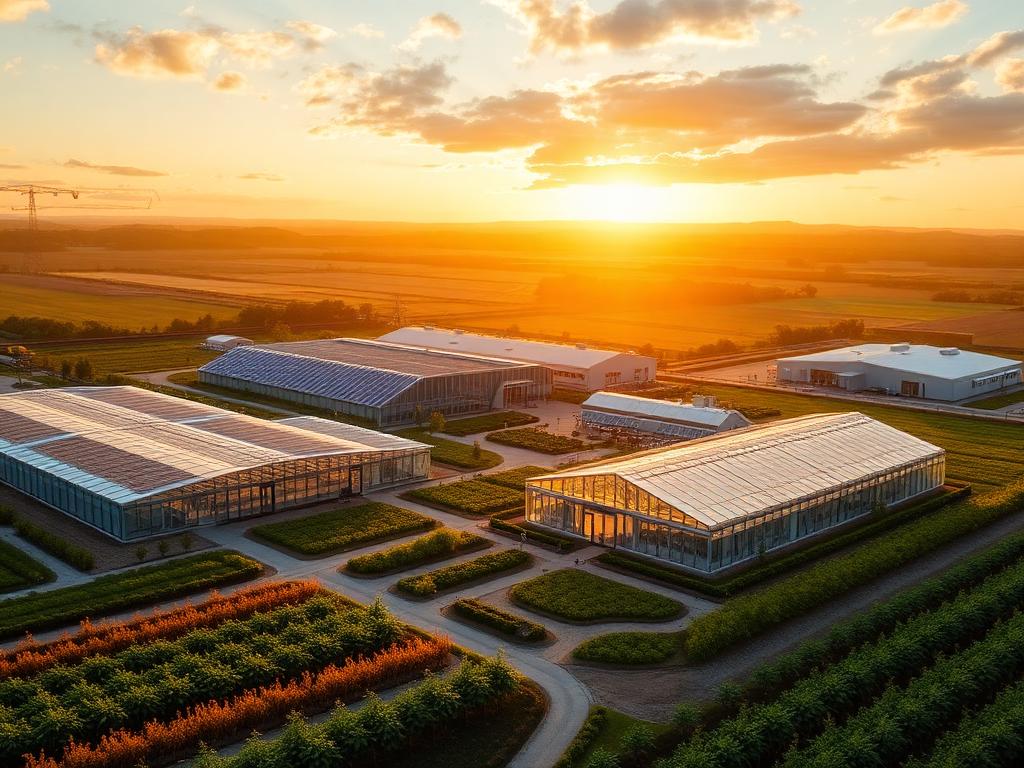 Modern greenhouse and regenerative farm complex serving as an agricultural innovation hub