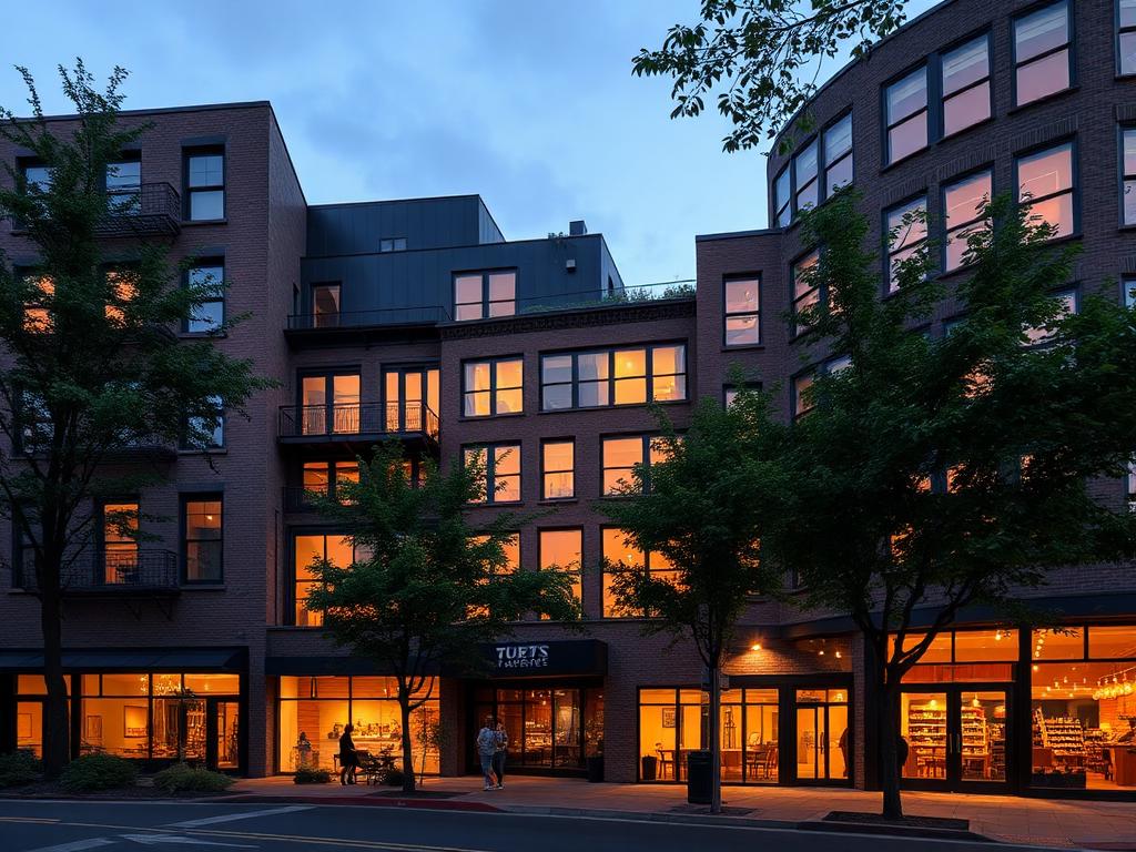 Walkable mixed-use development blending homes, shops, and community amenities