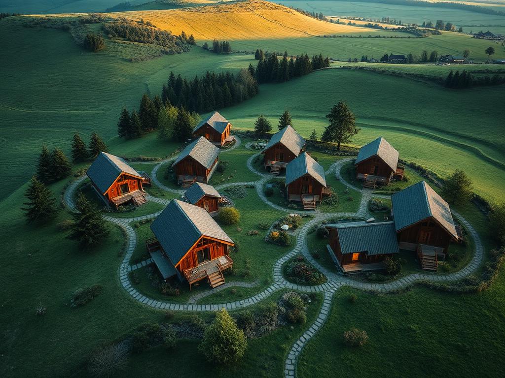 Aerial concept rendering of a Thriving Villages prototype community with mixed housing, gardens, and shared public spaces